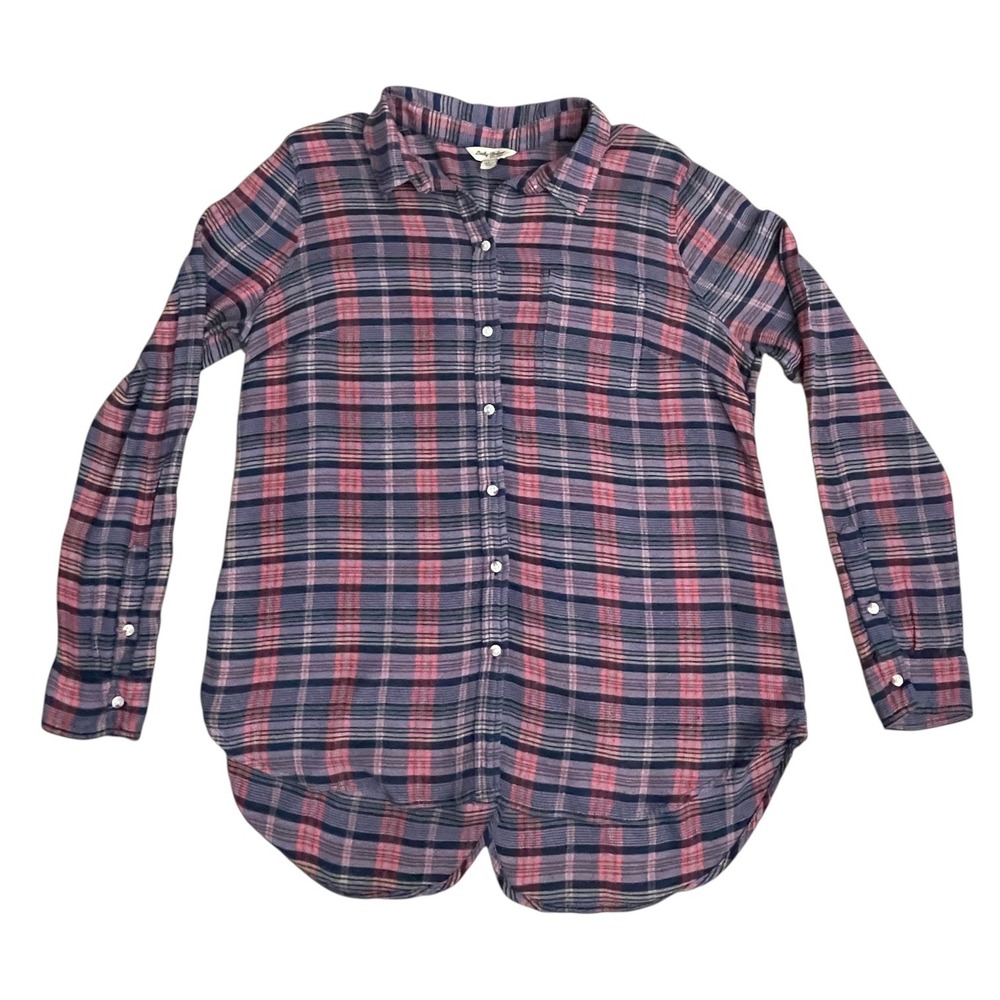 Womens Lucky Brand Purple Pink Plaid L/S High-Low Button-Front LARGE Tunic Shirt
